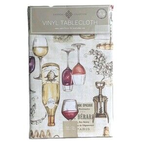 French Wine Bottles Vinyl Tablecloth Glasses Grapes Corkscrew 60 X 84-inch New